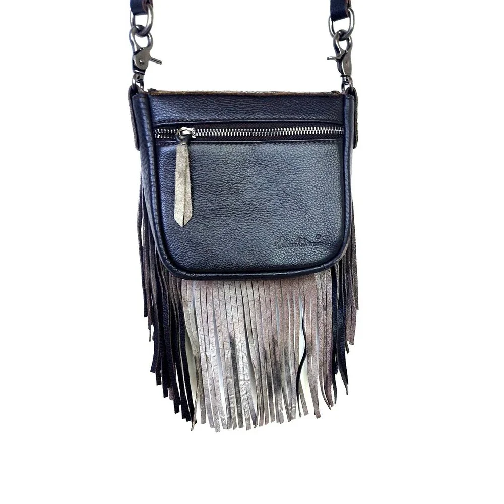 Mountain West Tooled Leather Crossbody Purse, Small, Fringed Dark Brown Handbag